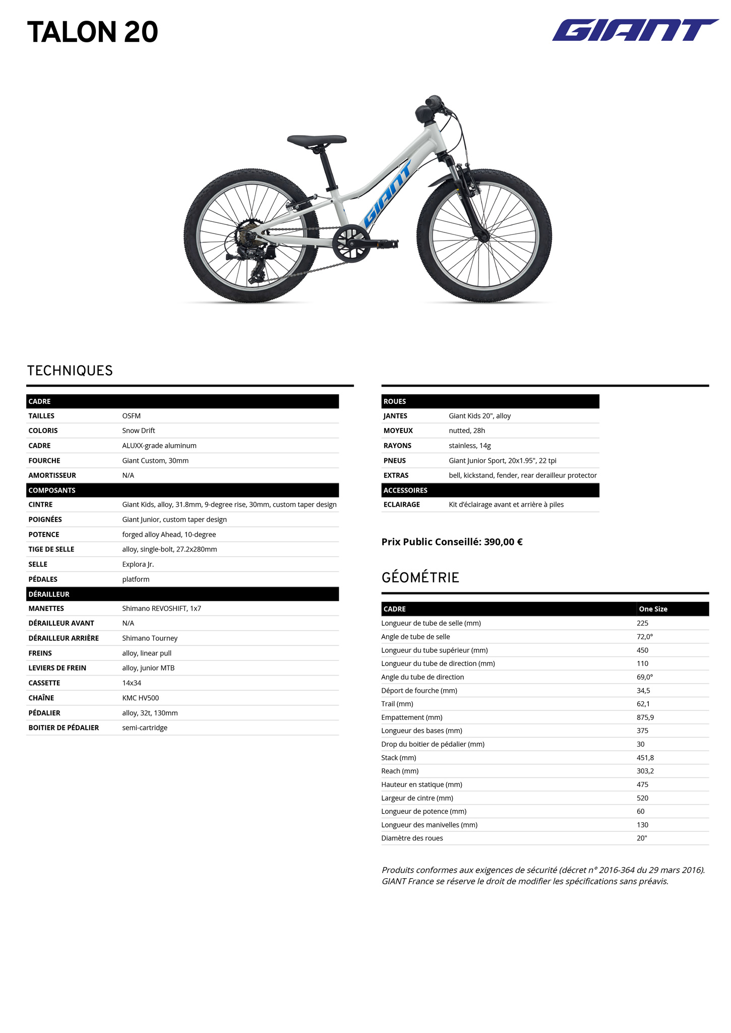 Fiche technique du velo Talon 20 année 2026